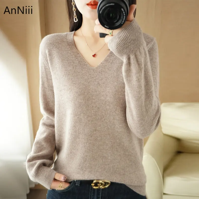 

LOOSE Knitted Top Solid Korean Clothes Women Sweater V-Neck Sweaters Femme Long Sleeve Women's Pullover Oversize Pullovers Tops