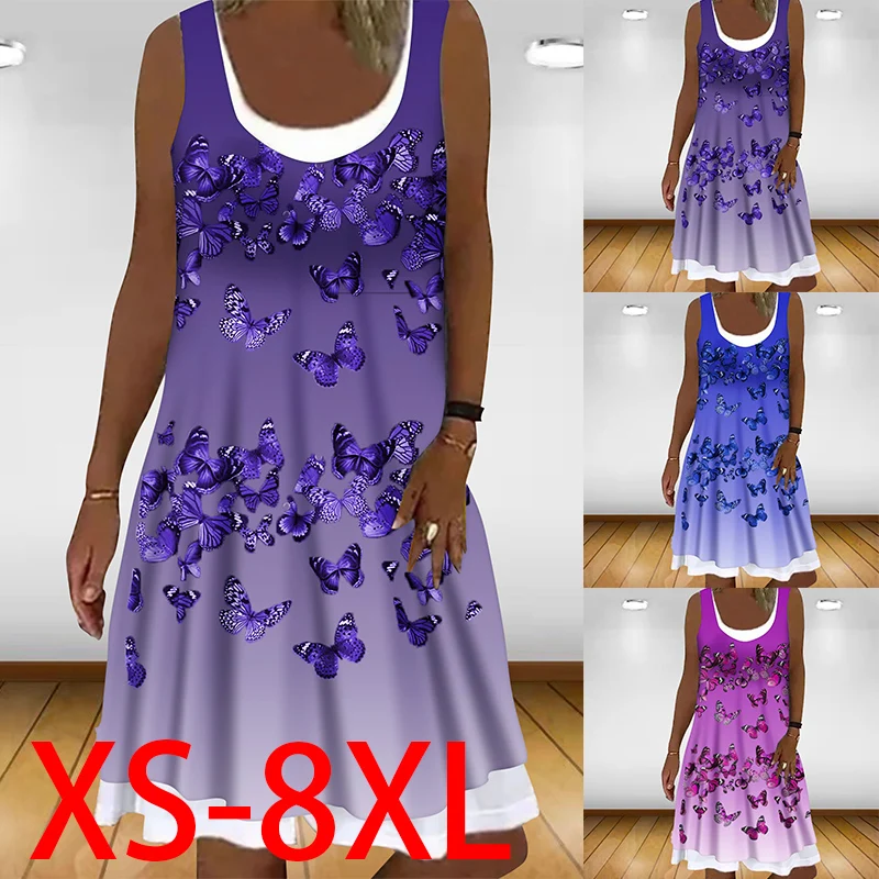 

Loose Casual Sleeveless Round Neck Summer Dress Gradient Butterfly Print Women's Dress Plus Size