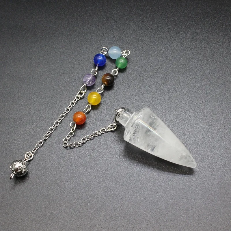 

Natural Stone Point Crystal Pendulums 7 Chakra Chain Cone Pink Clear Quartz Pendulum for Dowsing Divination Scrying Pendulo X080