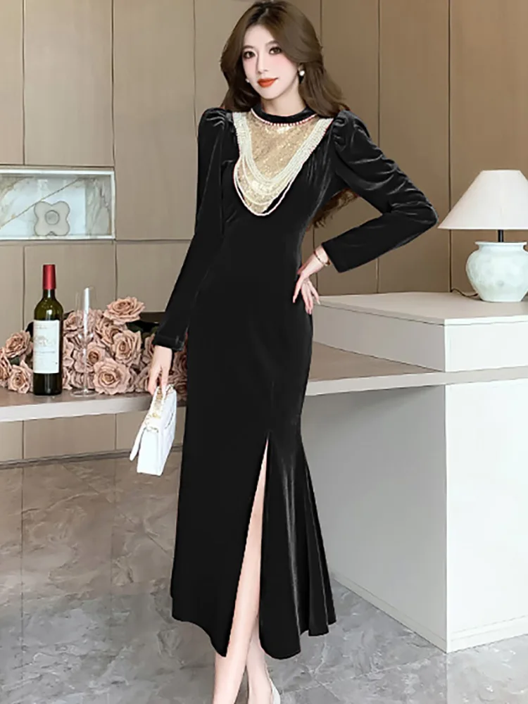 Женское красное бархатное лоскутное роскошное вечернее платье с бисером 2024