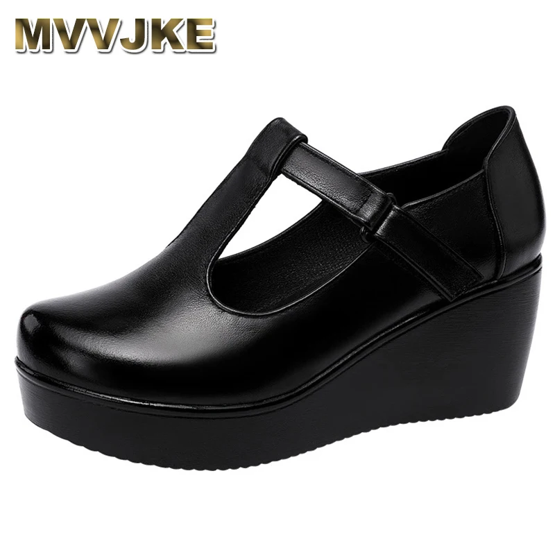 

Plus Size 32-43 T Strap Leather Wedges Shoes for Women 2023 High Heels Shoes Ladies Platform Shoes Mother Dance Shoe