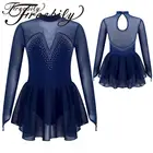 Блестящие стразы с длинным рукавом для девочек, комбинированная сетка для фигурного катания, балета, танцев, соревнований, танцев, платье, гимнастический купальник