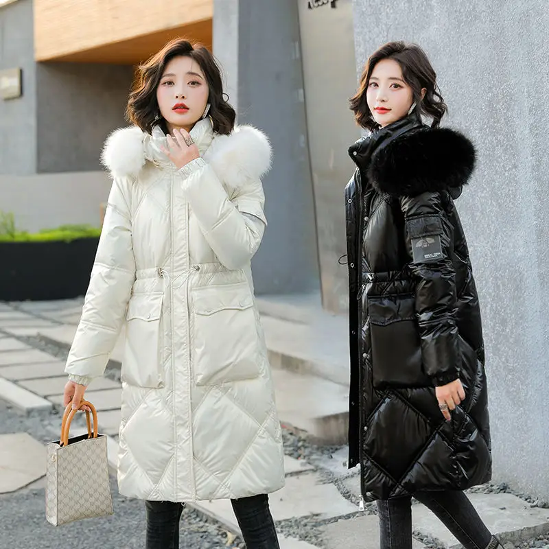 Winter Coat Womens Shiny Hooded Padded Jacket Warmth Parka Jacket Free Shipping Mid Length Top Wholesale Plus Size Loose Leisure