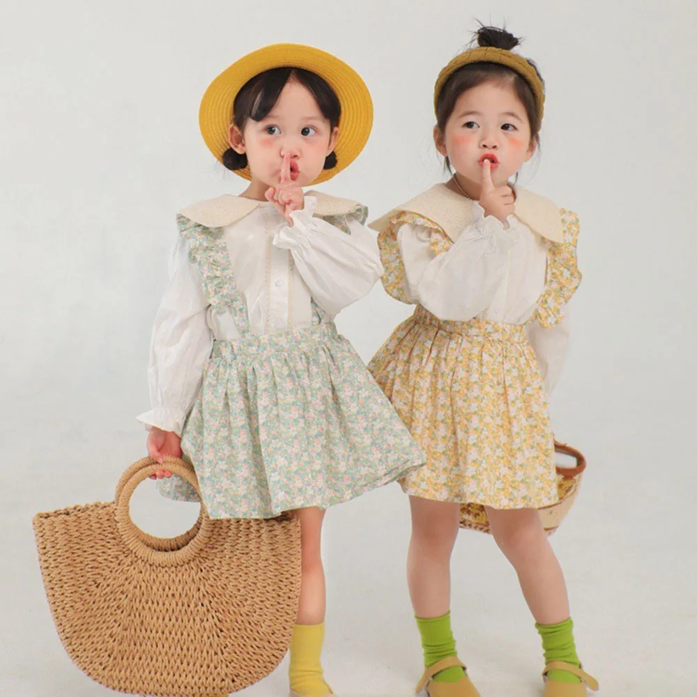 

Girls Thin 2 Pcs Sets Cute Country Style Peter Pan Collar Long Sleeve Single Breasted Tops + Floral Printed Suspender Skirt