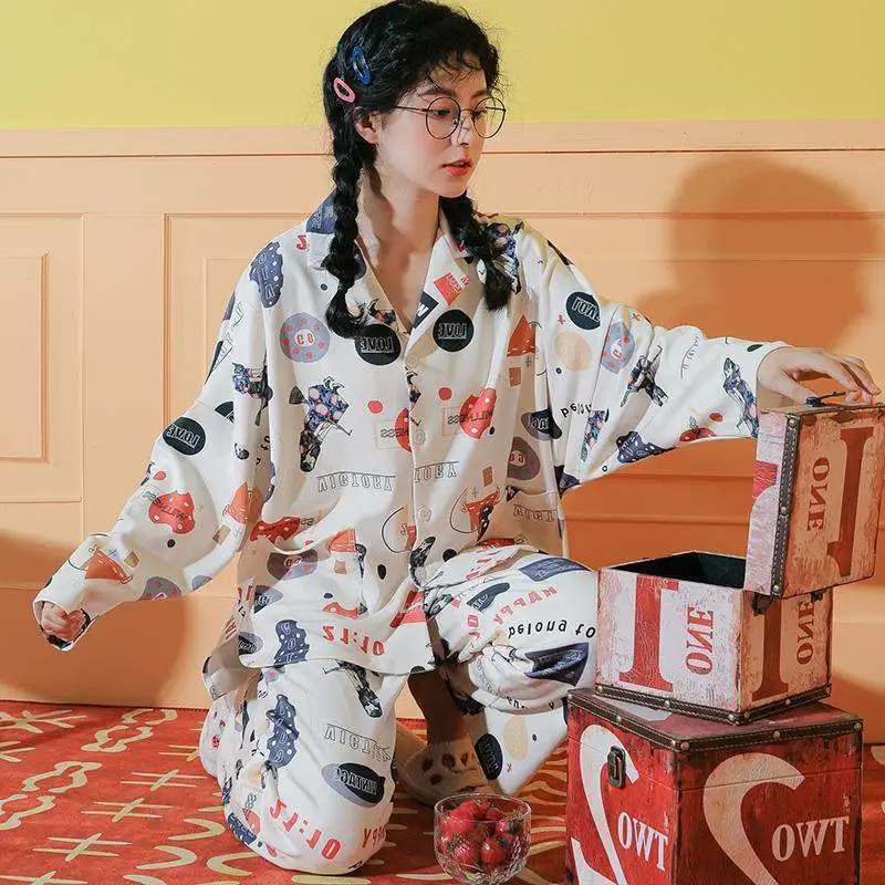 QWEEK Women's Cotton Pajamas Spring Autumn Sleepwear Teen Girls Home Clothes Pyjamas Cute Puppy Pijamas Suit for Home Loungewear