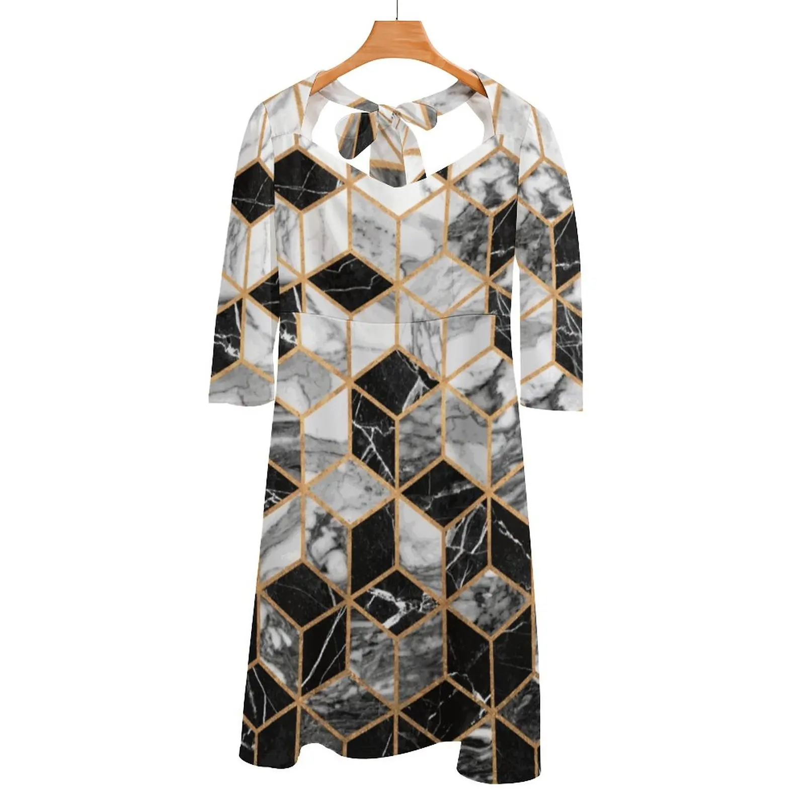 

Marble Cubes - Black And White Back Lacing Backless Dress Square Neck Dress Sweetheart Knot Flared Dress Marble Cube Cubes