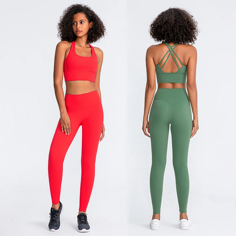 30 Colors Naked Feel Yoga Set Women Gym Clothes Fitness Sport Suit Strappy Sports Bra High Waist Leggings Stretchy Workout Set