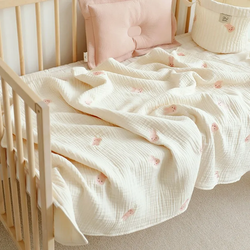 Manta de algodón de 6 capas para bebé, ropa de cama de muselina con bordado de oso para recién nacido, edredón para niños, funda para cochecito