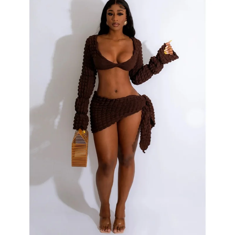 

Autumn Sexy Solid 2 Two Piece Set Club Outfit For Women 2022 Long Sleeve Crop Top And Mini Skirt Set Female Matching Set
