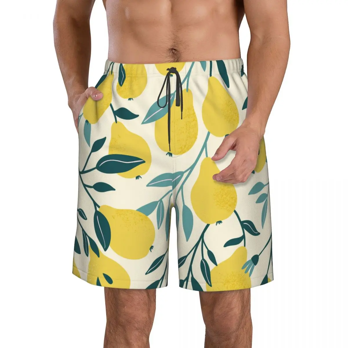 

Мужская одежда для плавания, плавки, пляжные шорты, купальные костюмы, мужские спортивные шорты для бега, серфинга, желтые грушевидные фрукты, быстросохнущие