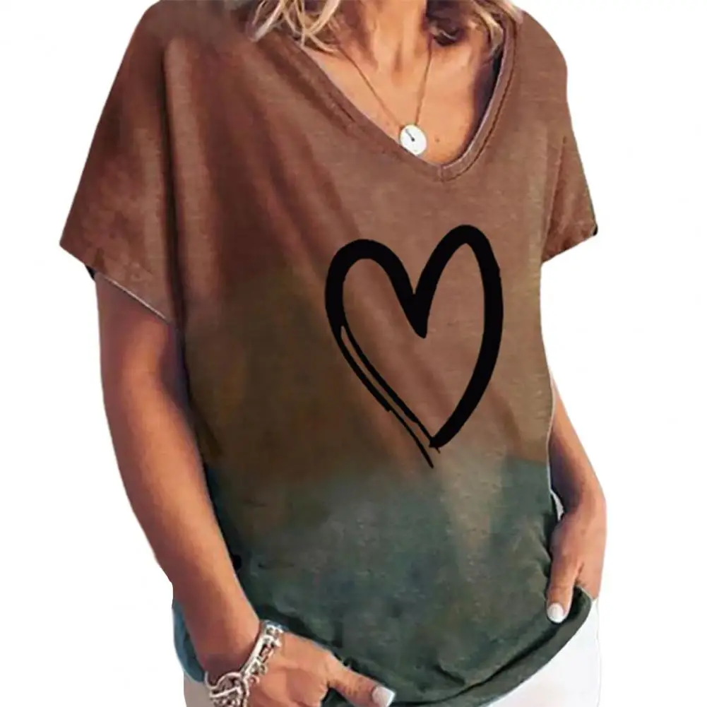 

Summer Top Love Heart Print Clothes Gradient Color V Neck Star T-shirt