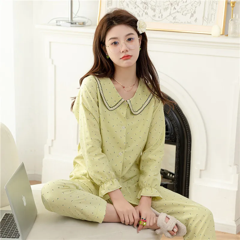 2023 Spring and Autumn New Pajamas Women's Woven Cotton Cute Doll Collar Floral Long-Sleeved Trousers Homewear Suit