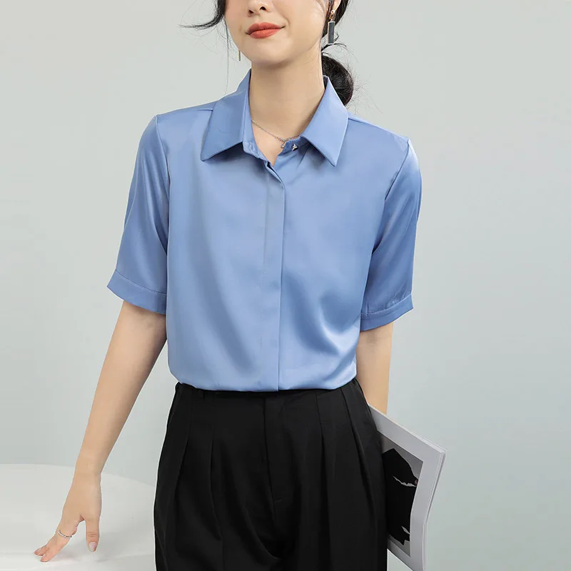 Деловая Синяя Женская рубашка для офиса Модные свободные топы работы шифоновые