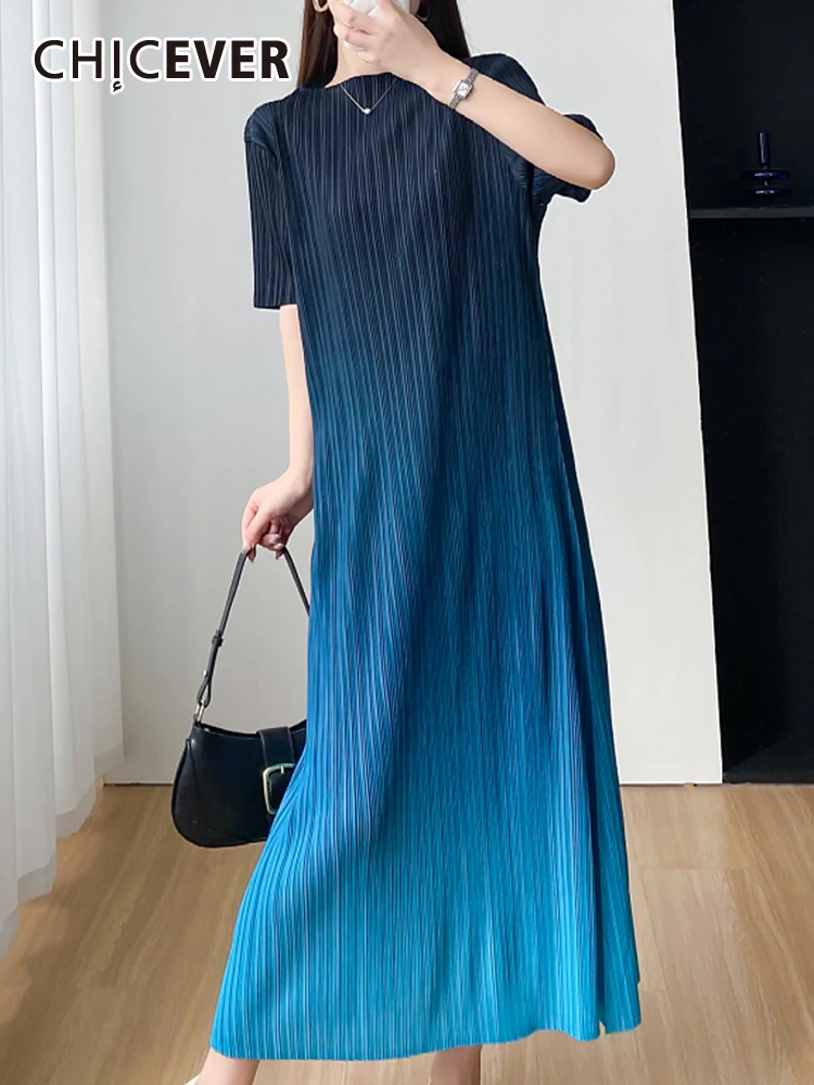 

CHICEVER Gradient Casual Dresses For Women Round Neck Short Sleeve High Waist Loose Hit Color Folds Summer Maxi Dress Female New