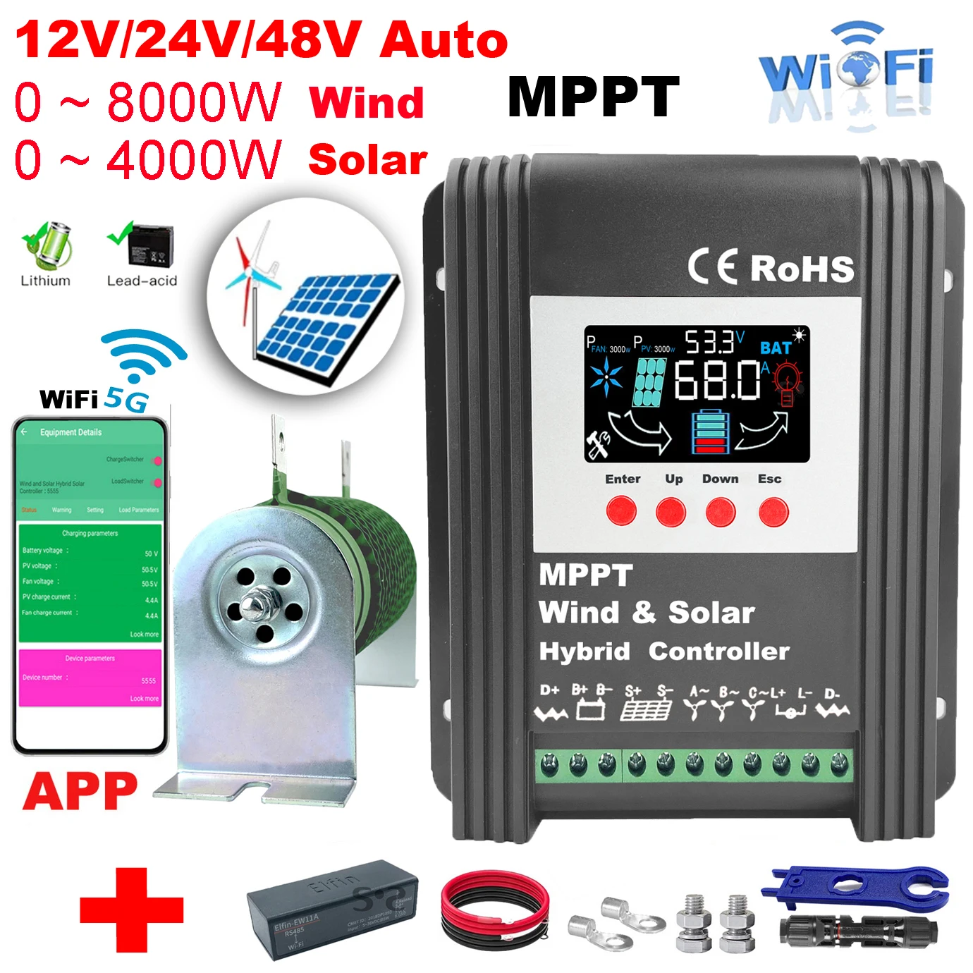 

2000W 4000W 6KW 8000W Hybrid Solar Wind Charge Controller Power System MPPT Solar Regulator 12 24V 48V Lithium Lead-acid Battery