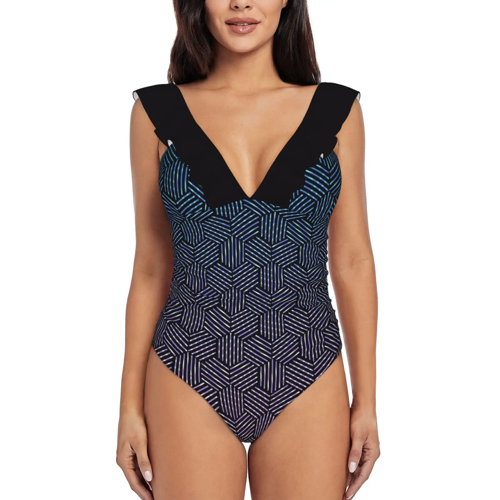 

Цельный купальник с шестиугольным вращением и узором, женские купальные костюмы с оборками, новинка, пляжный купальник для девочек, геометрический дизайн с темным узором