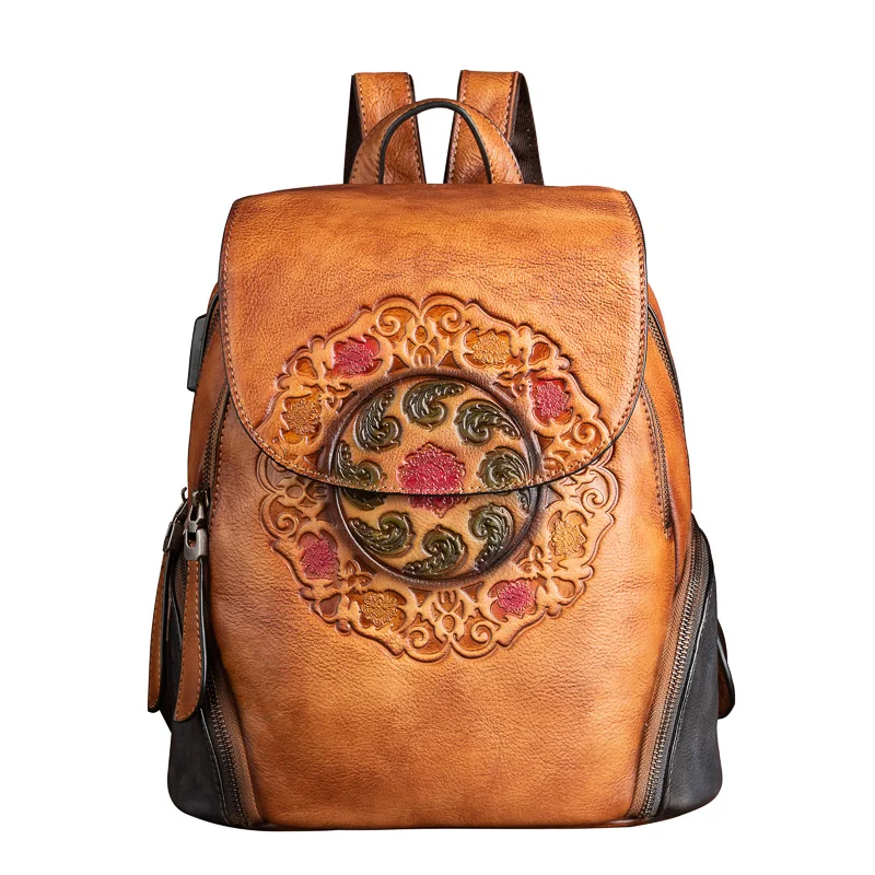 Women Genuine Leather Backpack School Book Bag Embossing Handmade Retro Luxury Female Lady First Layer Cowhide Satchel Rucksack