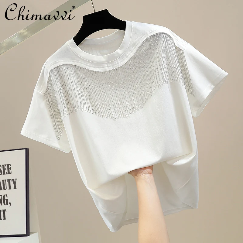 

Heavy Metal Chain Tassel Decoration Round Neck Pullover Short Sleeve T-shirt 2022 New Loose Versatile Personality Women's Top