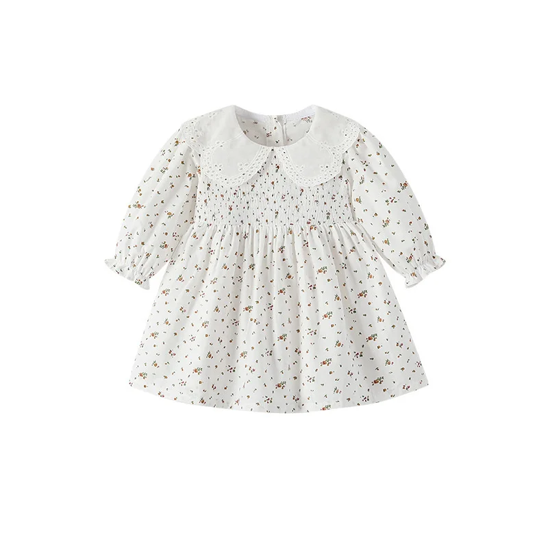 

Хлопковые осенние платья с длинным рукавом для маленьких девочек, Повседневное платье для малышей с цветочным рисунком, ярко-белое платье с воротником «Питер Пэн»