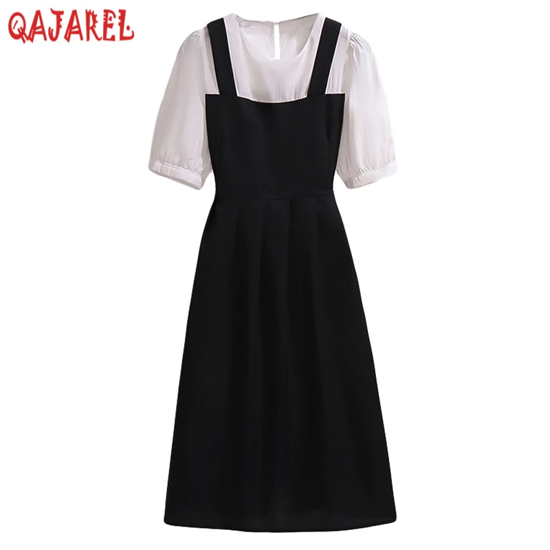 

Women Black Patchowrk Fake Two Piece Midi Dress Summer Short Sleeve Elegant Office Lady Dress Women Korean Vintage Hepburn Dress