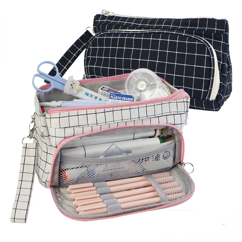 

Simple Canvas Plaid Pencil Case, Large-capacity Cosmetic Bag, Portable Stationery Bag for School Students Back To School