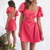 new summer dress for women 2021 sexy vintage short sleeved backless solid color lace up puff sleeve dresses short mini vestidos
