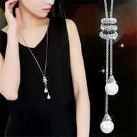2020 new high quality fashion metal long tassel rhinestone crystal pearl long chain necklace sweater necklace jewelry