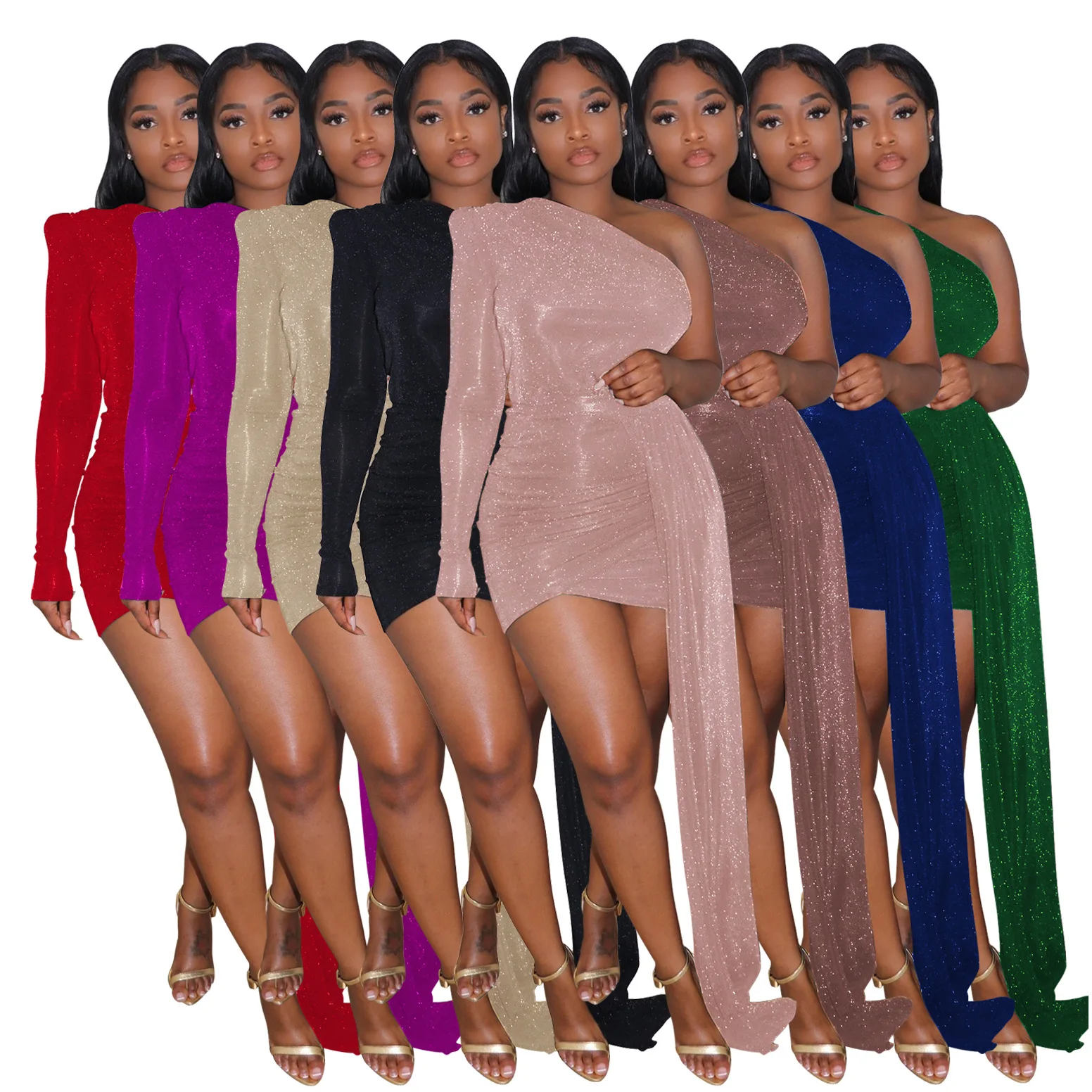 

Women'S Sexy Silky Shiny Off Shoulder Tight Club Party Dress Single Long Sleeve Bright Face Elegant Prom Skirts Al227