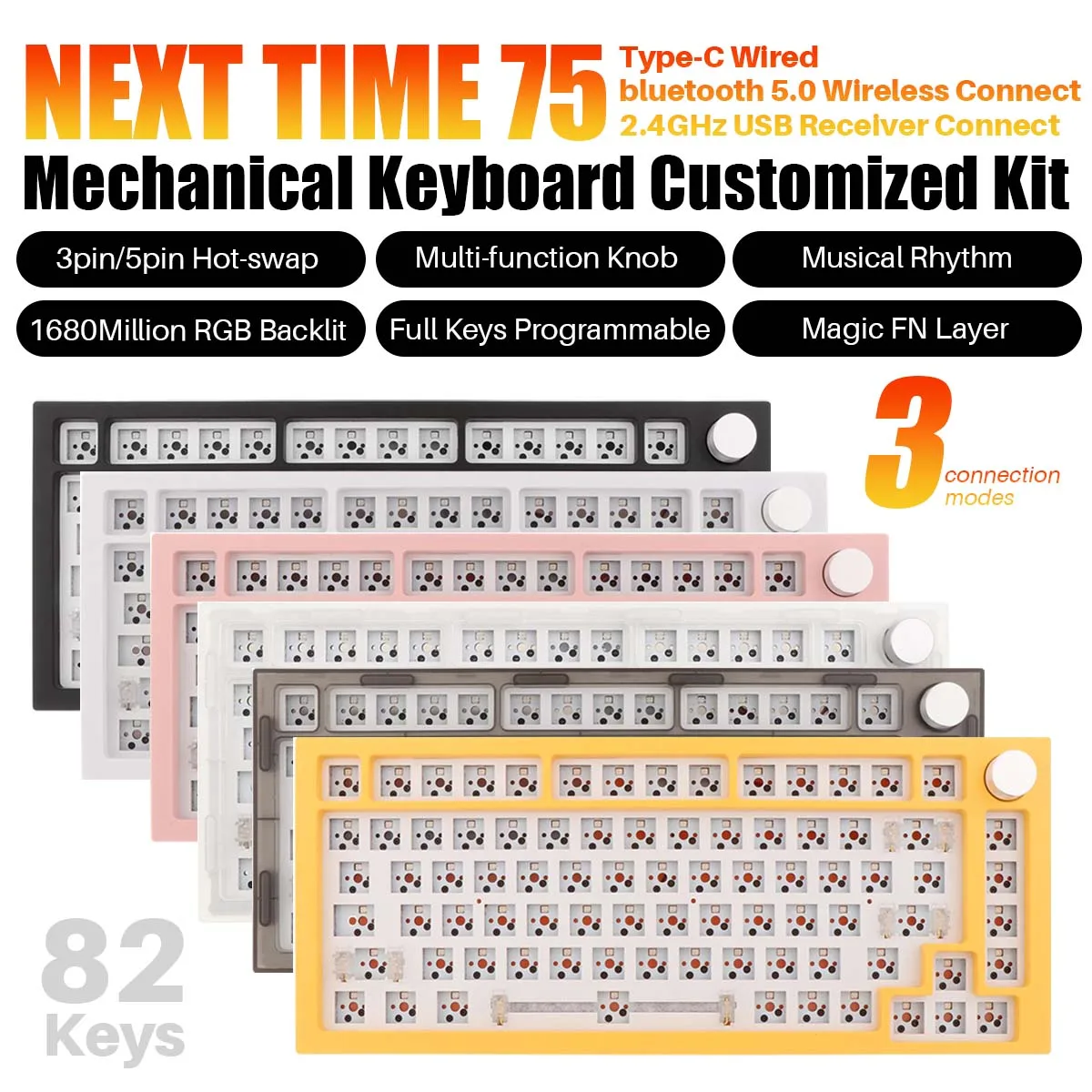 

Next Time 75% Mechanical Keyboard Customized Kit RGB Musical Rhythm Hot Swappable Wired / Bluetooth / 2.4GHz 3 Mode Keyboard Kit