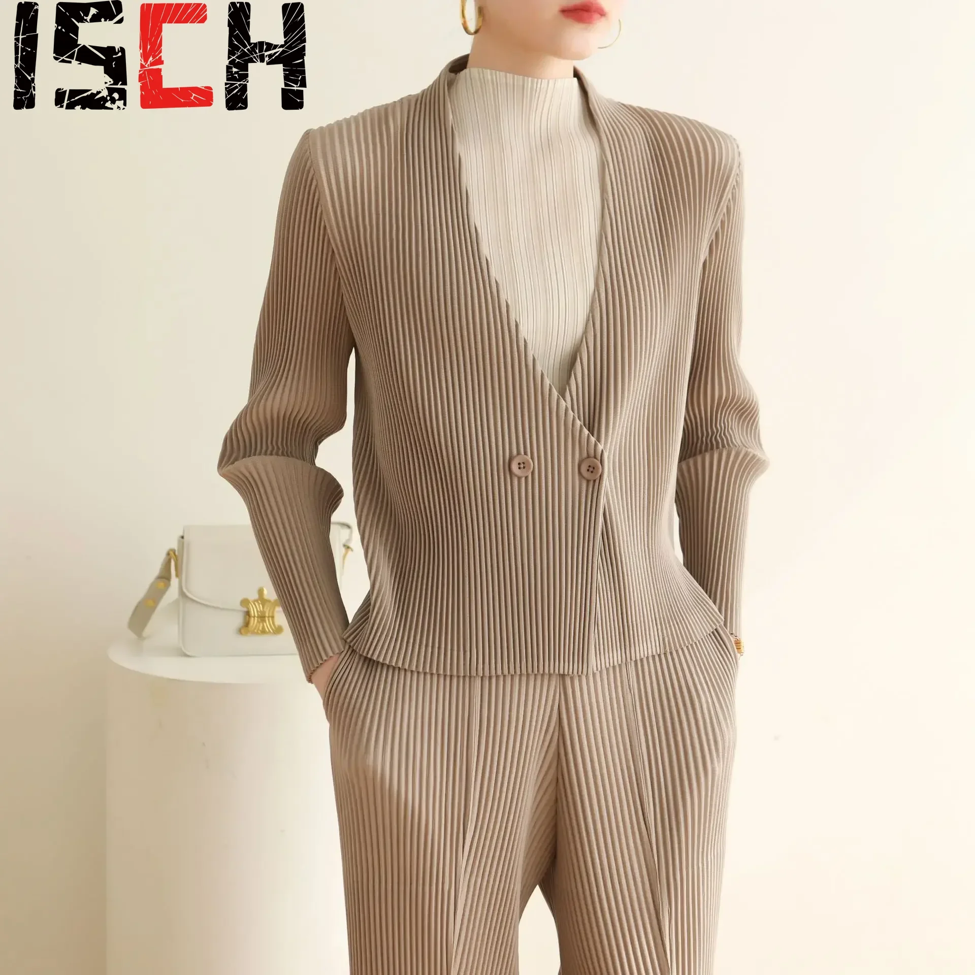 Плиссированная куртка оригинальный однотонный двубортный жакет для работы на