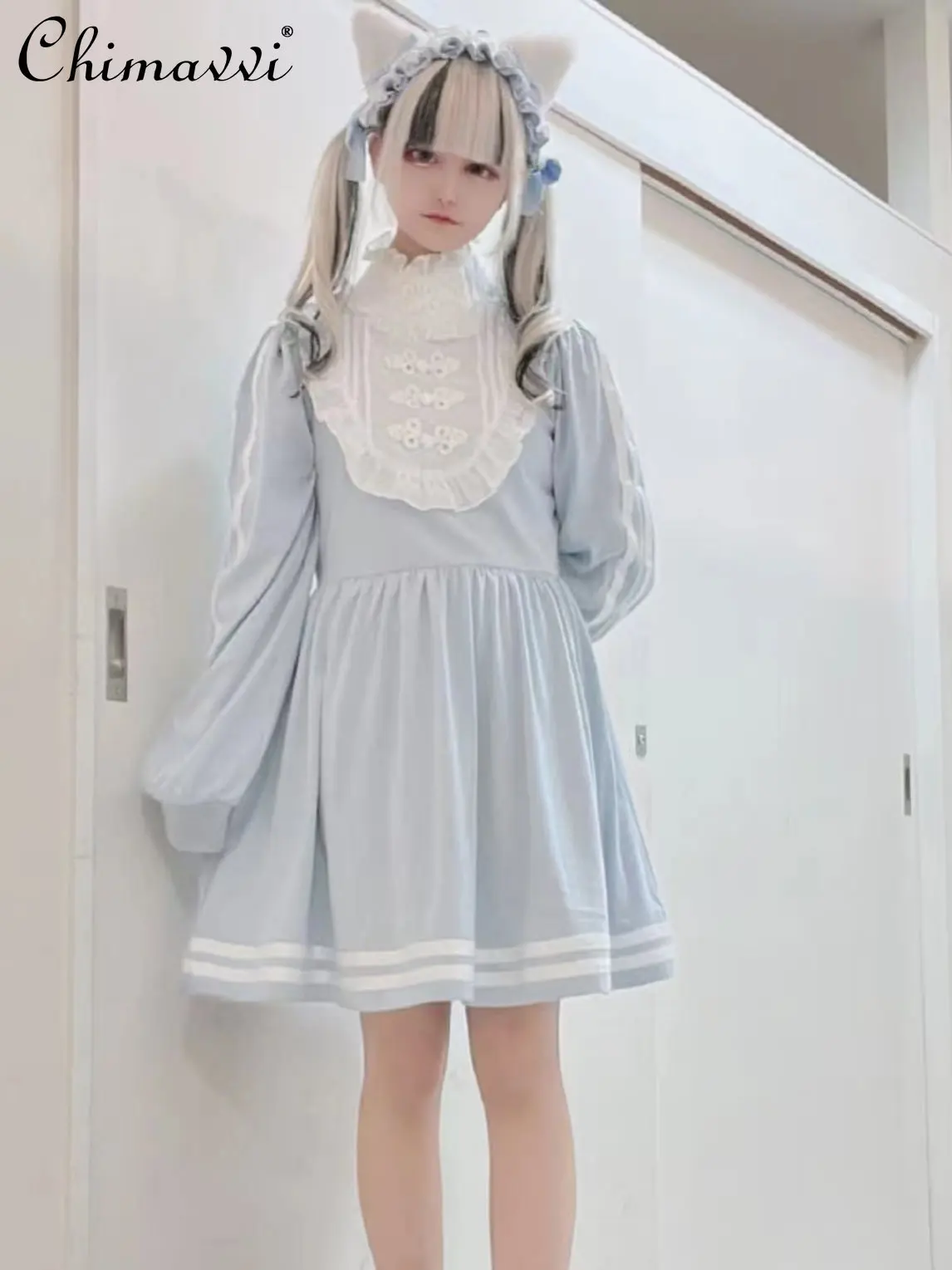 

Платье в японском стиле с высоким воротником и длинным рукавом, новинка весны 2023, приталенное женское платье в стиле "Лолита" с высокой талией