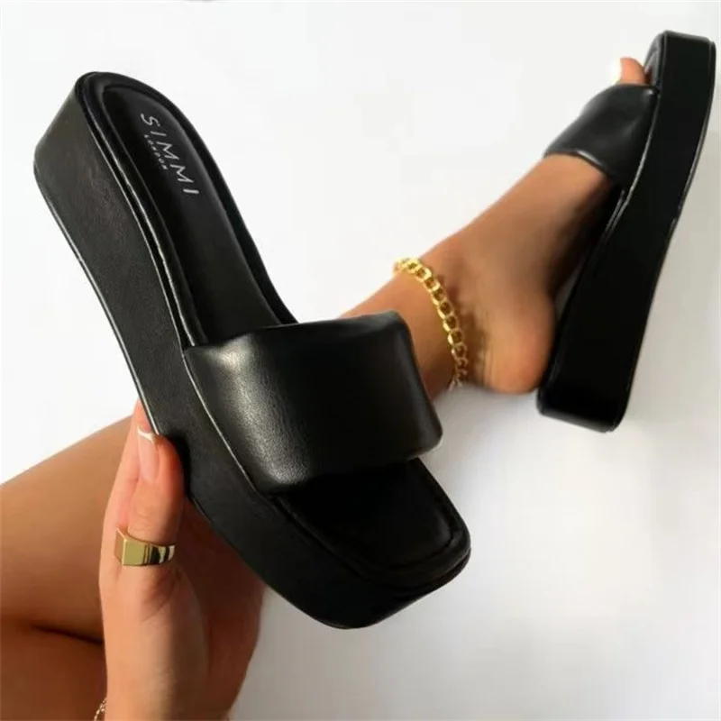Ladies Slippers Women Flip Flops Shoes 2023 New Black Green Summer Casual Outside Square Toe Slides Female Platform Rubber Shoes