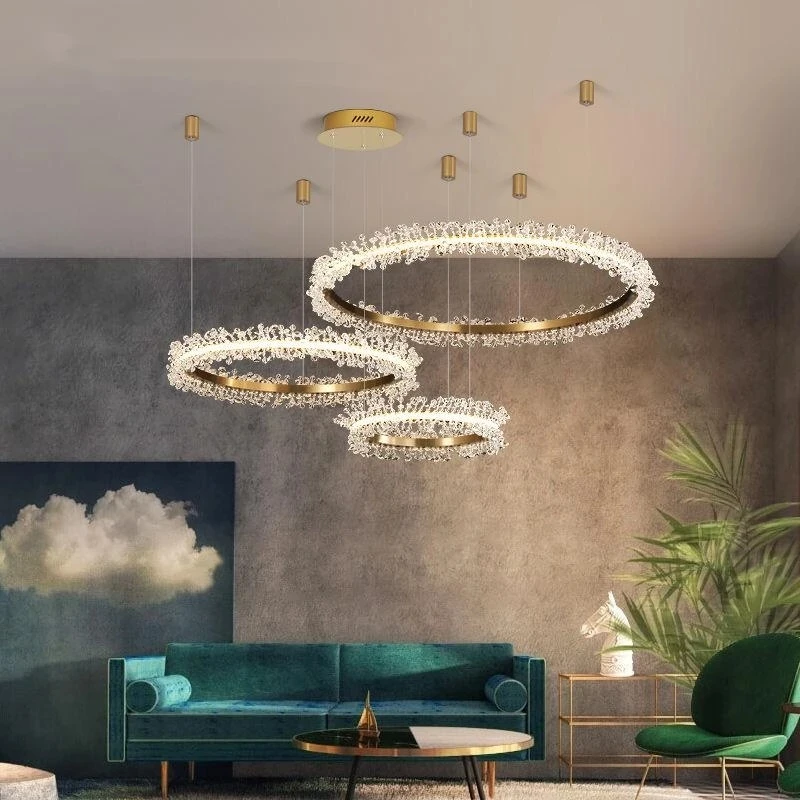 

Led Art Chandelier Pendant Lamp Light Modern Nordic Luxury Crystal Simple Gold Ring Design for Living Room Dining Bedroom Decor