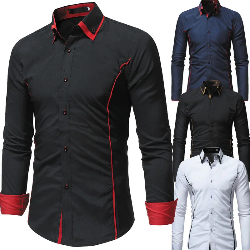 

2022 New Classic Contrast Color Double Collar Men's Casual Slim Long Sleeve Shirts for Men long sleeve shirt