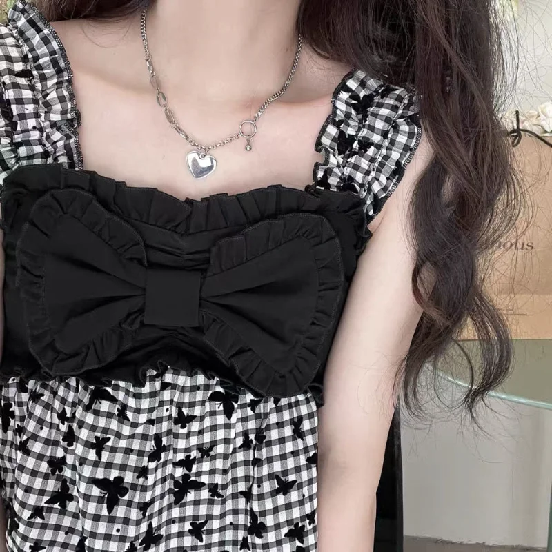 

Summer Japanese Kawaii Bow Patchwork Plaid Butterfly Print Tanks Y2K Women Camis Ruffles Hotsweet Preppy Style Tank Girl Tops