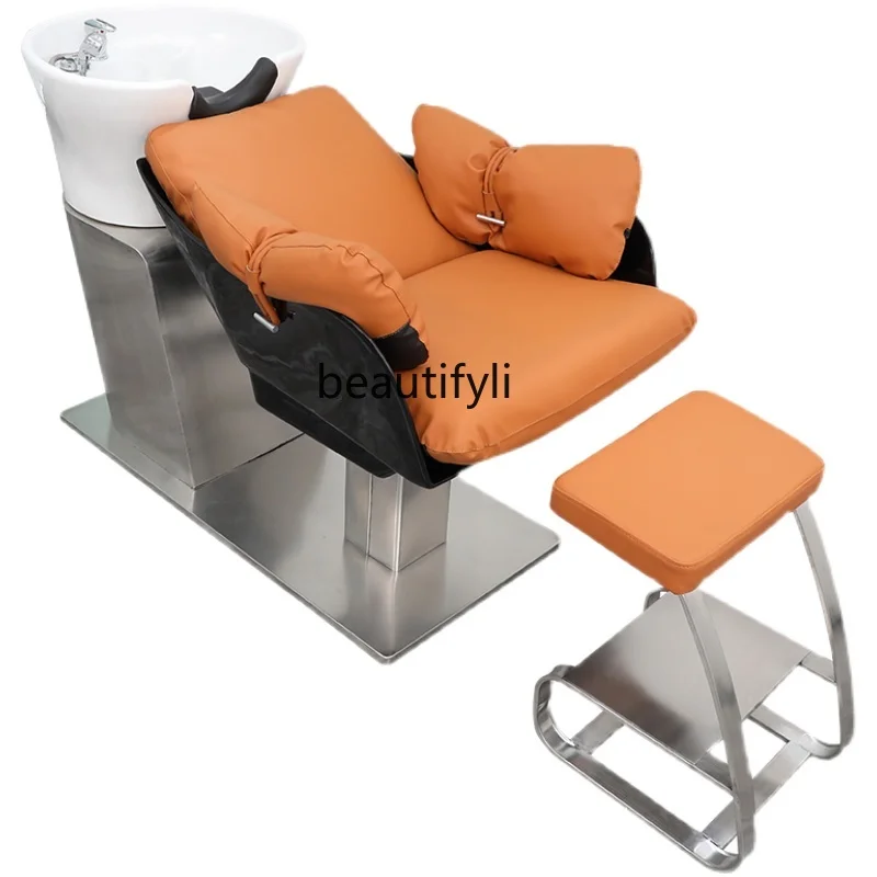 

Stainless Steel Lying Half Shampoo Chair Barber Shop Ceramic Basin Flushing Bed High-End