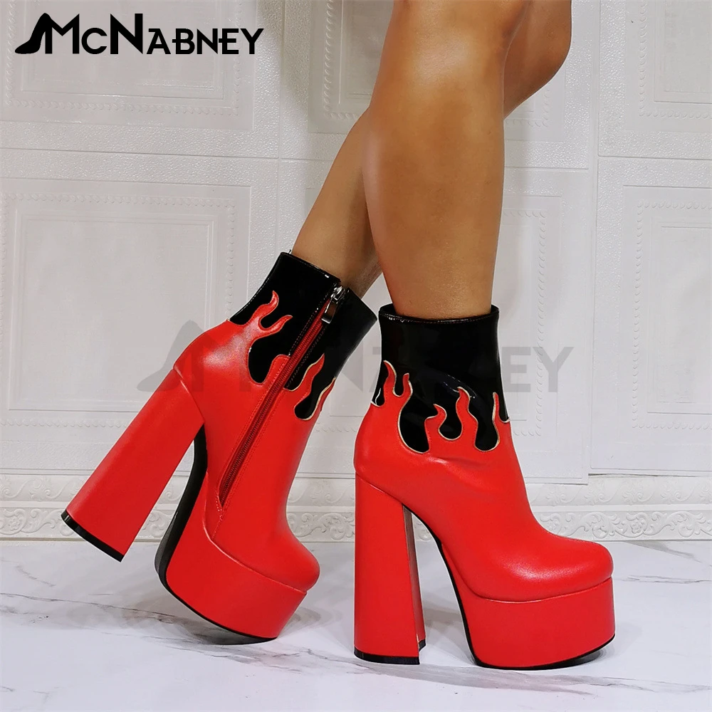 Mixed Color Ankle Boots Super High Platform Shoes Red Flame Black Leather Boots Unique Design Style Shoes Platform Modern Boots