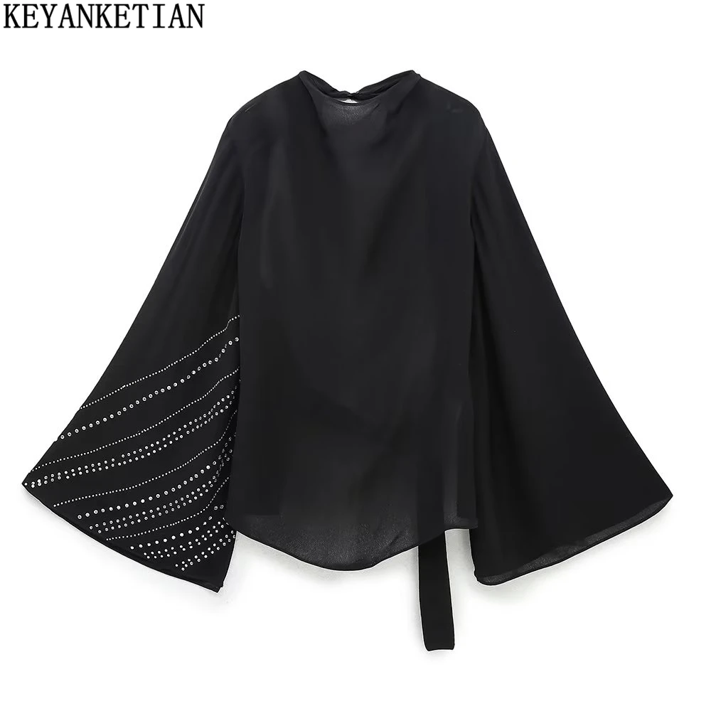 

KEYANKETIAN Women's bright Cape Sleeve Shirt new spring rhinestone lace with halter back a stylish drape black long sleeve shirt