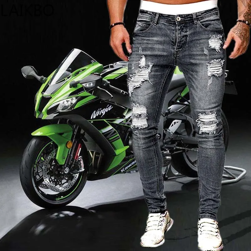 

Mens Ripped Skinny Jeans Blue Slim Fit Hole Pencil Pants Casual Biker Trousers Streetwear 2021 High Quality Denim Man Clothing
