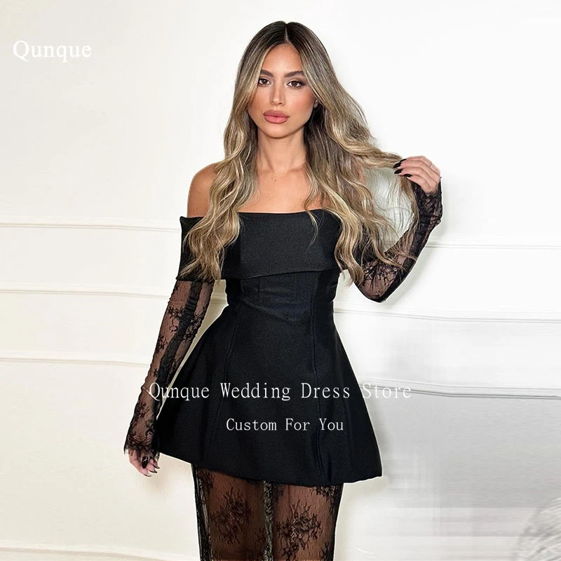 Qjall Черное атласное платье для выпускного вечера с открытыми плечами и