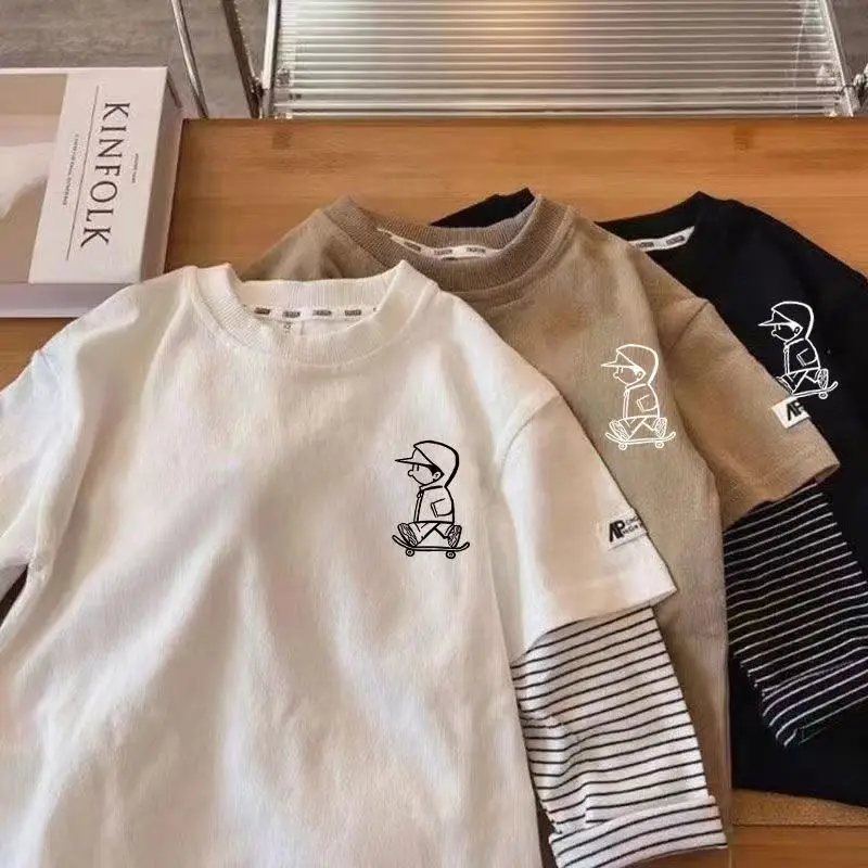 Хлопковая футболка с длинными рукавами для мальчиков на весну и осень стильная