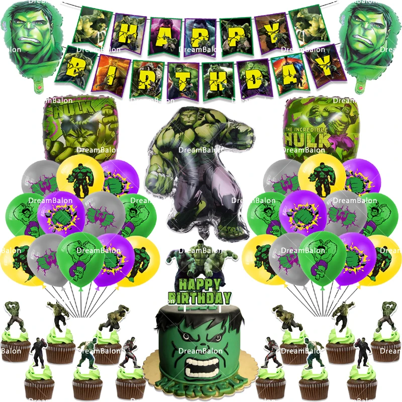 

1Set Hulk Latex Balloons Super Hero Foil Ballons Cake Topper Insert Happy Birthday Banner Party Decor Kids Boy Baby Shower Gift