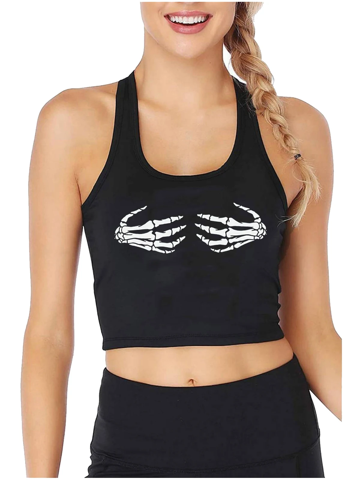 

Halloween Skeleton Hands Boobs Design Sexy Crop Top Funny Creepy Outfit Bones Grunge Alternative Tank Tops Gothic Camisole