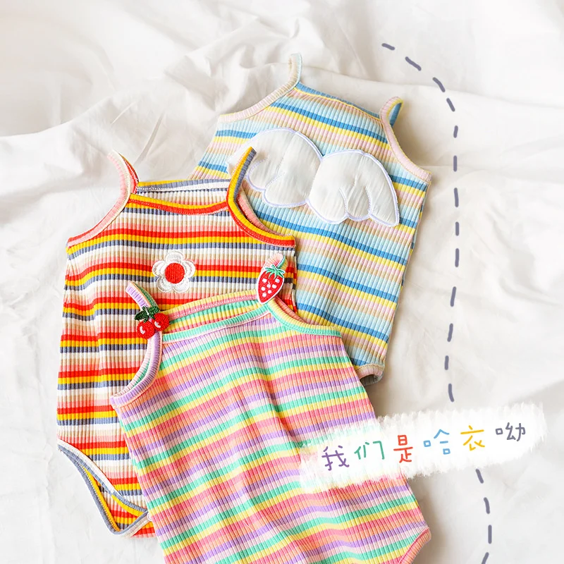 

Summer Cute Multicolor Wings Sunflower Knitted Stripe Suspender Baby Triangle Climbing Clothes Colorful Striped Pullover Best