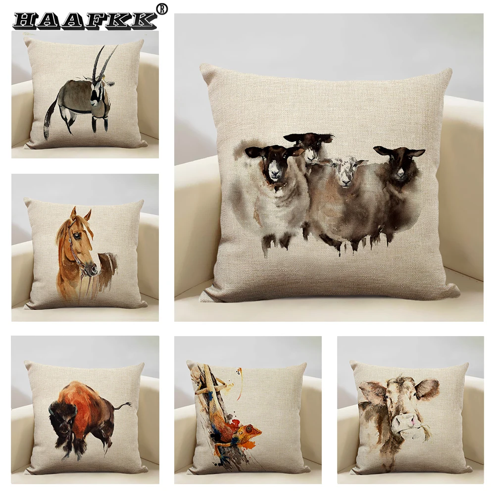 Watercolor Animal Horse Chicken Lizard Cow Antelope Decorative Pillow Case 45x45cm Linen Cushion Cover for Sofa Home Decor