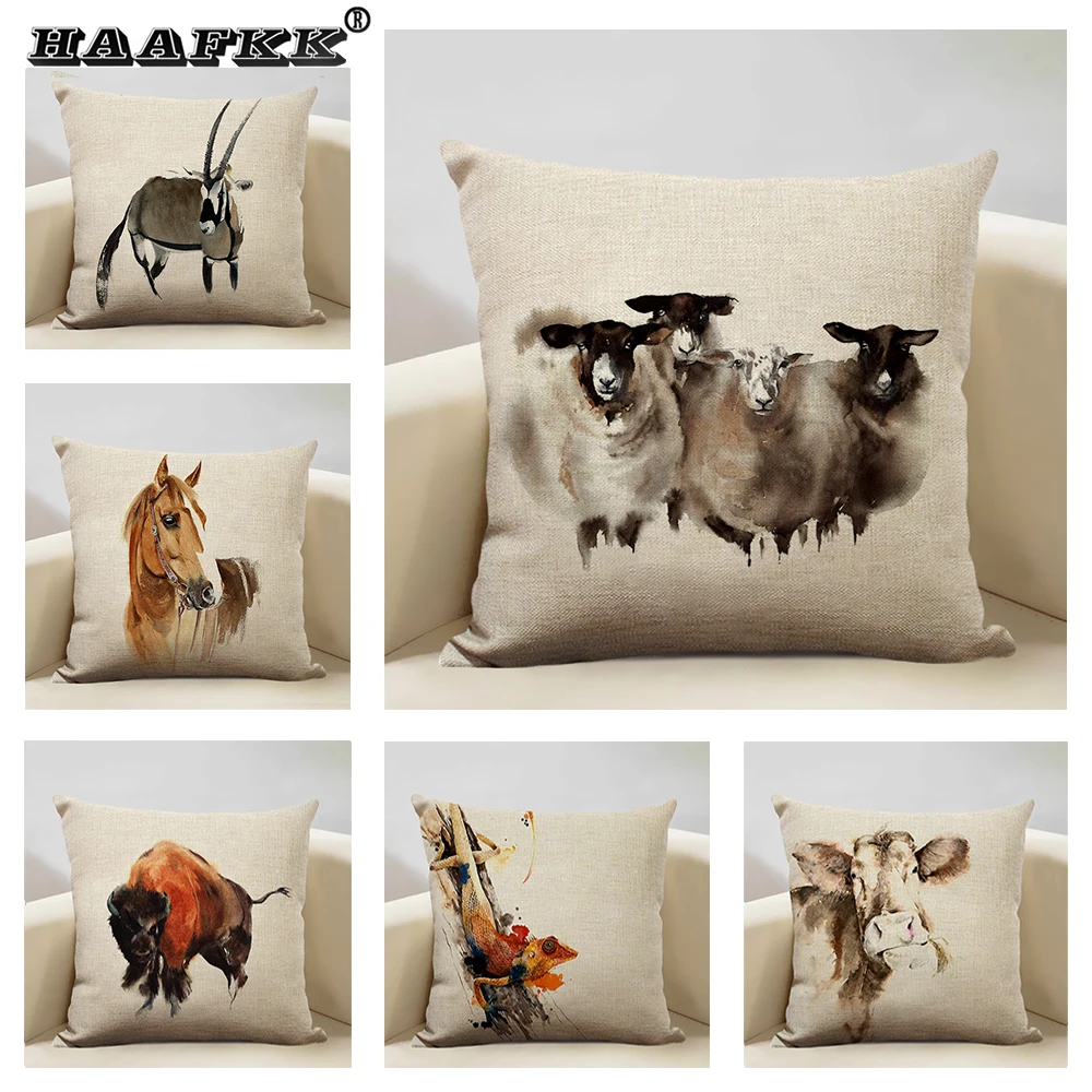 

Watercolor Animal Horse Chicken Lizard Cow Antelope Decorative Pillow Case 45x45cm Linen Cushion Cover for Sofa Home Decor