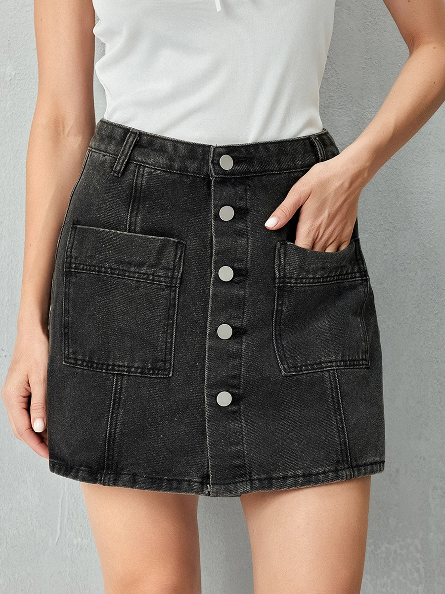 Skirts Vintage High Waist Front Pocket Button Down Jean Skirts Skorts Streetwear