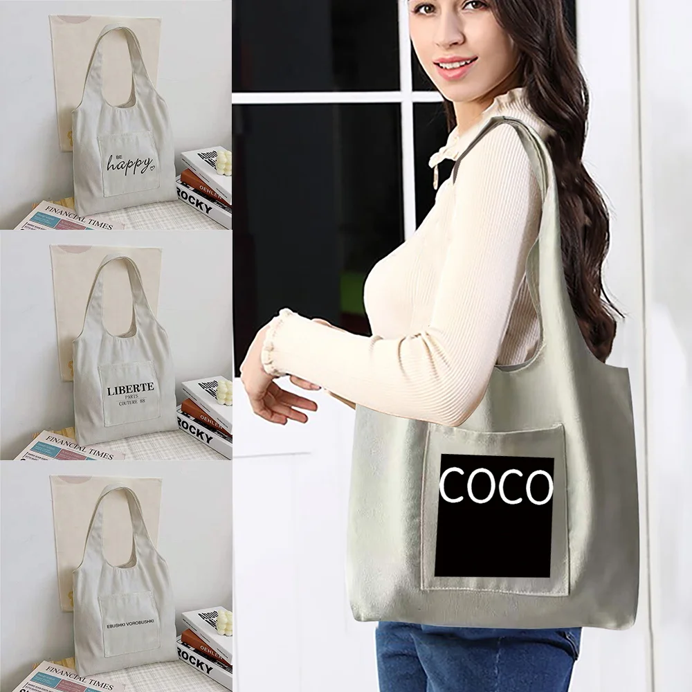 

Women Shopper Organizer Bag Canvas Tote Bag Fashion Text Print Shoulder Bag Reusable Supermarket Tote Shopping Bag Casual