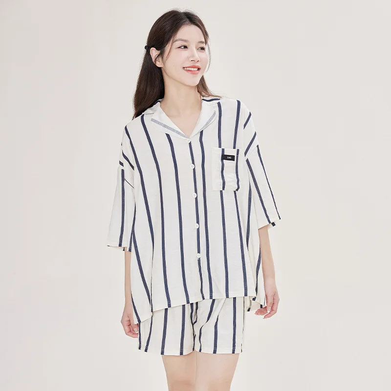 Spring and Summer Pajamas for Women Half-sleeve Shorts Cool Feeling Suit Simple and Advanced Striped Sleepwear Loose Loungewear
