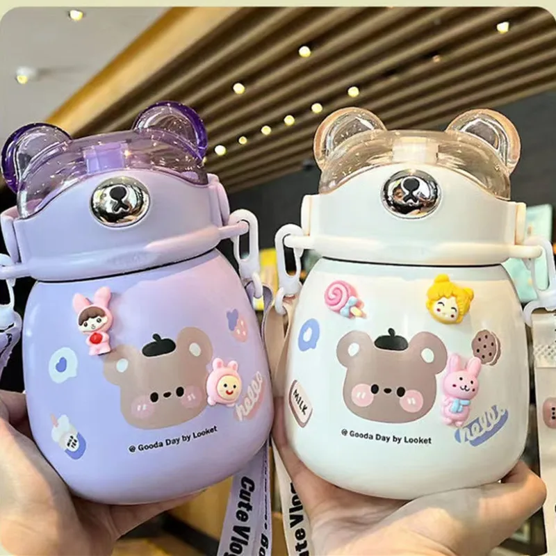 800ML Kawaii Bear Thermos 316 Stainless Steel Thermos Cup Cute Straw Water Bottle Girls Sports Tumbler Drinking Bottle